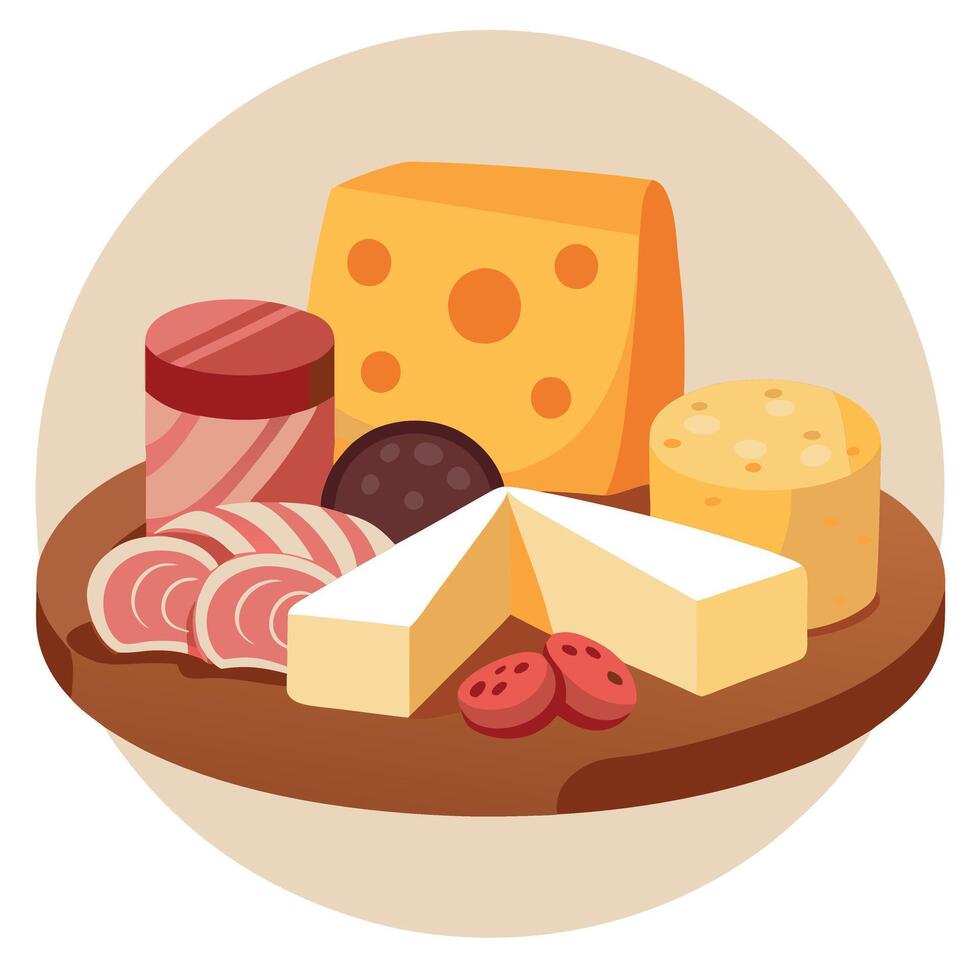 A plate with cheese, meat and other foods vector