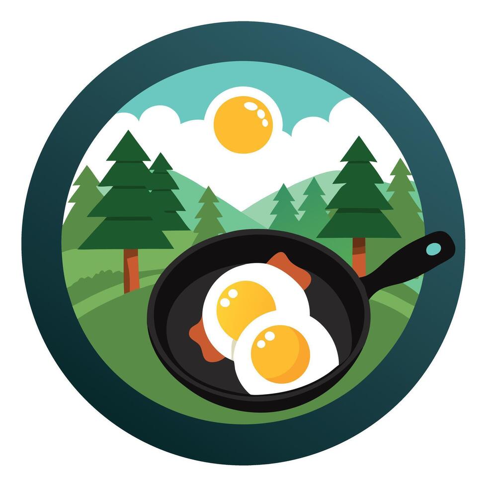 Cast Iron Pan With Sunny Side Up Eggs and Bacon in a Forest Clearing vector