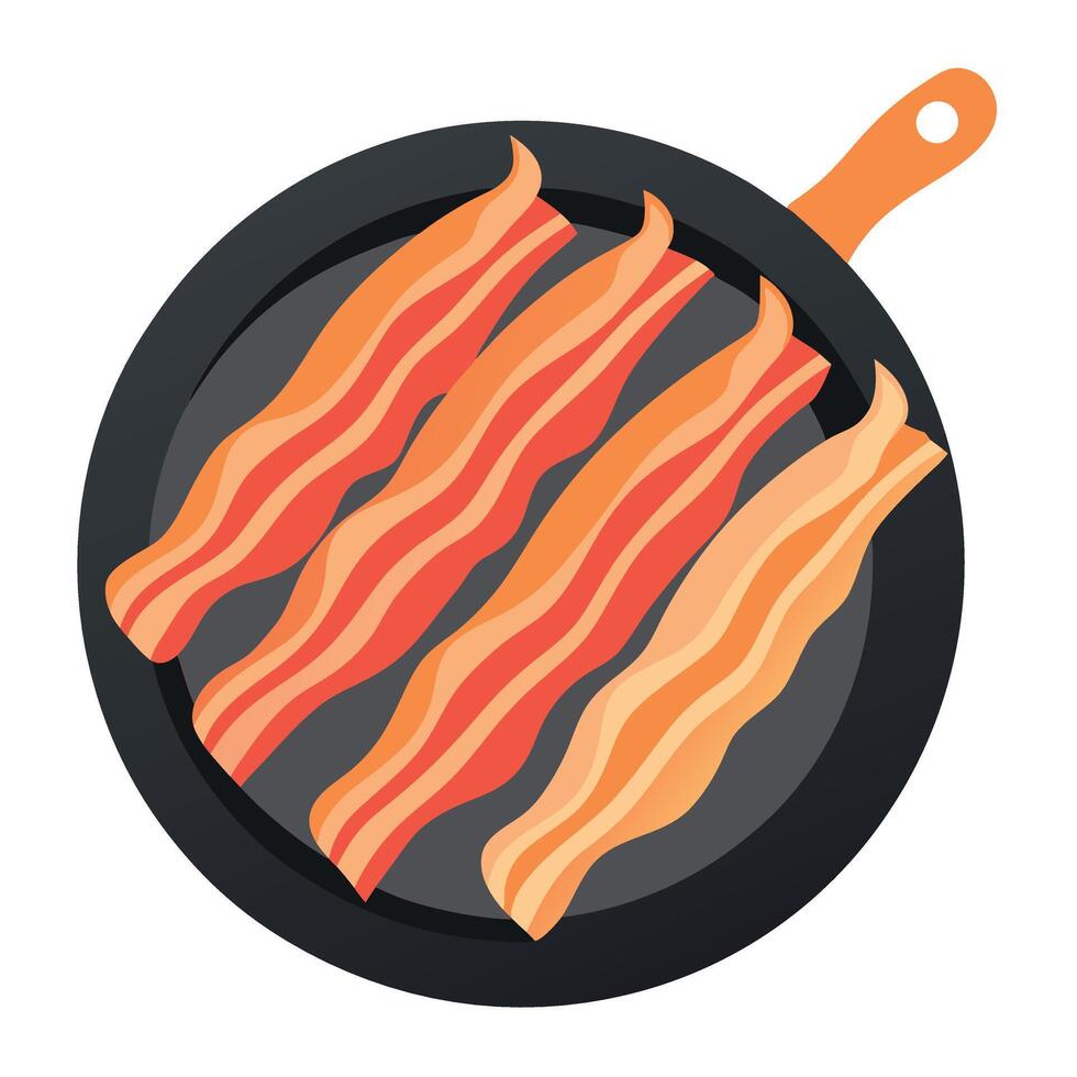 Crispy strips of bacon fried in a pan on the table Top and vertical view vector