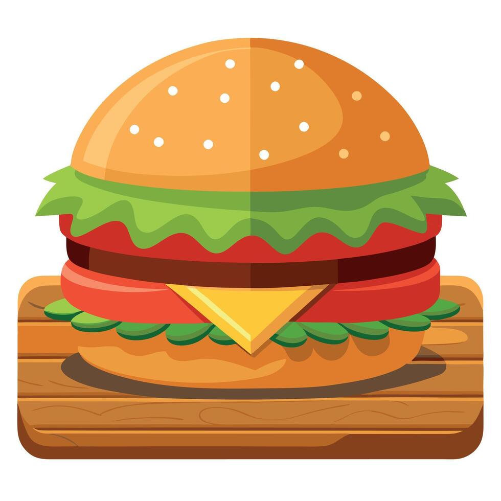 Classic burger with tomato and beef on wood table. Fast food background. vector