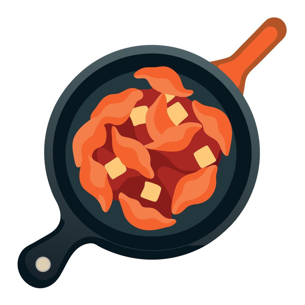 Fried crunchy plant based vegan Bacon pieces in a cast iron skillet. vector
