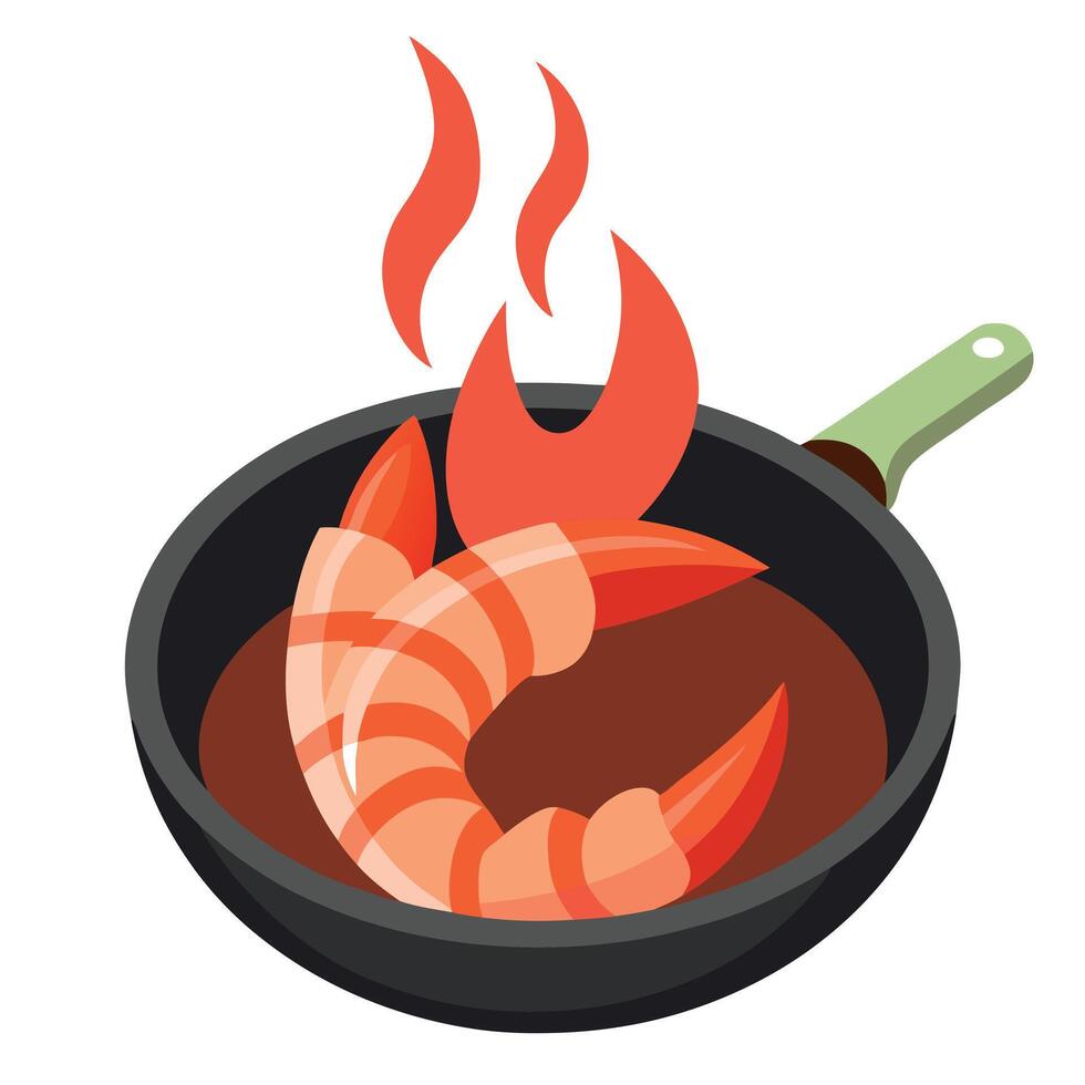 Shrimp in a frying pan with fire on top vector