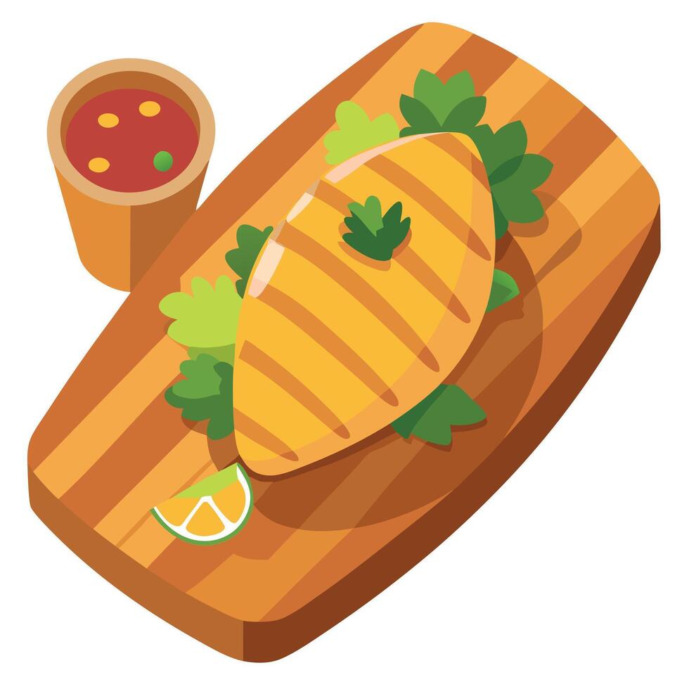 A chicken fillet grilled on a cedar plank. served with a tangy mango salsa. vector