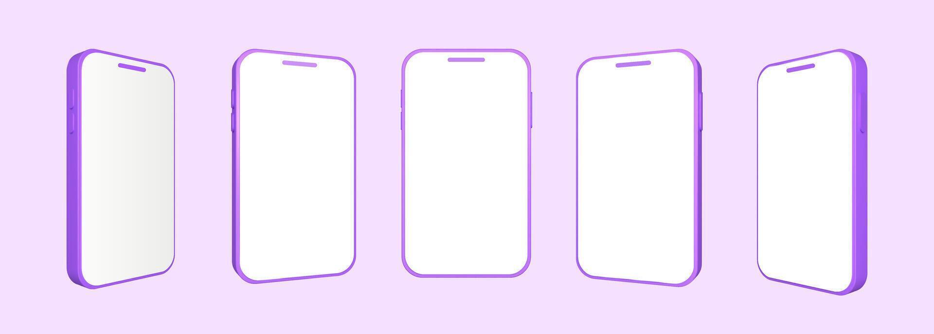 set of 3D purple mobile phone mockup featuring a blank white display. Isolated purple smartphone on a purple background. vector