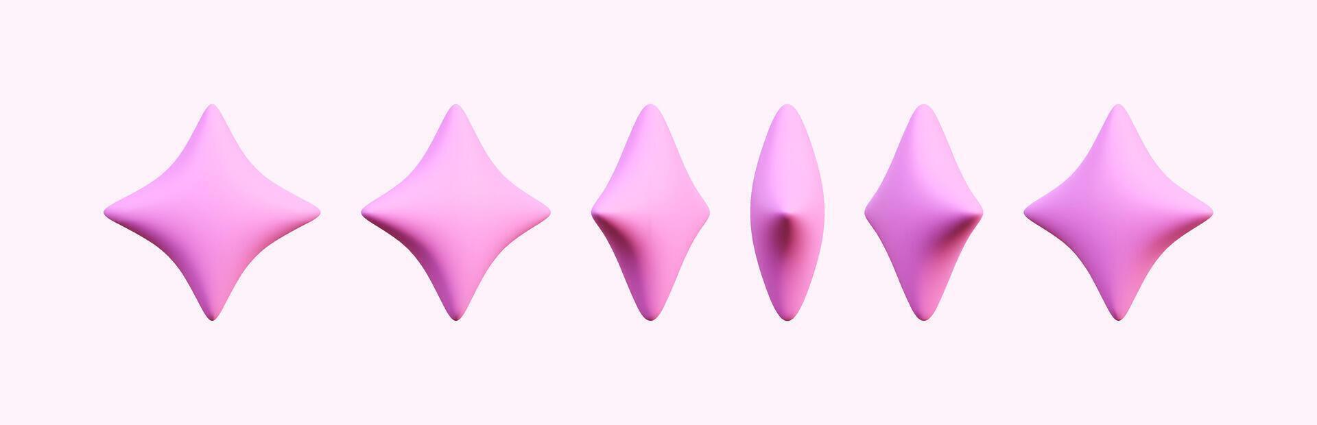 3D pink star sparkle emoji set. Adorable shiny star shaped objects perfect for magic-themed designs. Party confetti elements. vector