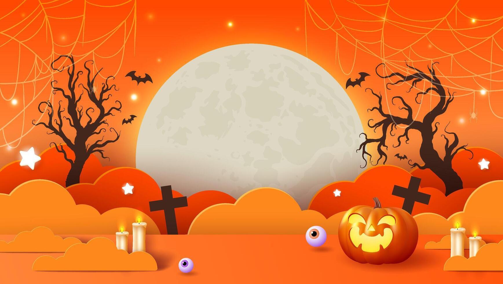 Halloween party invitation banners featuring clouds, bats, and pumpkins in a playful paper cut style design. vector
