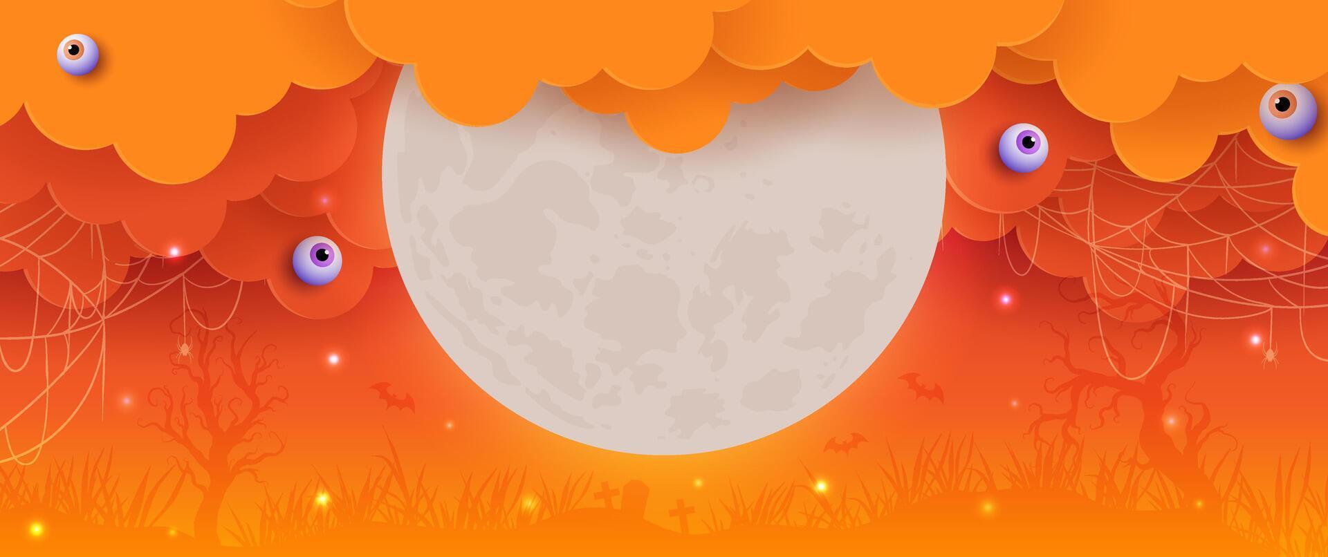 Halloween scene featuring paper-cut clouds, festive banners, and pumpkins, perfect for a spooky holiday night. vector