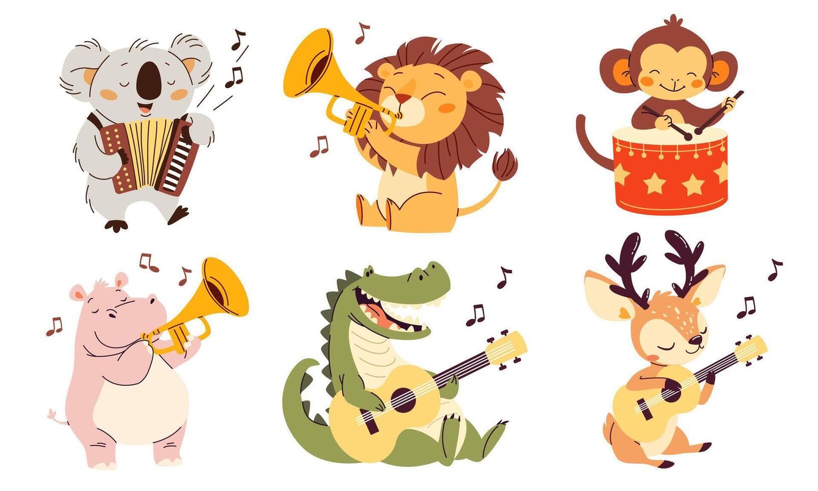 Set of flat in child style on white background. Cute hippo lion reindeer koala monkey playing musical instruments. Trumpet harmonica accordion bayan drums guitar vector