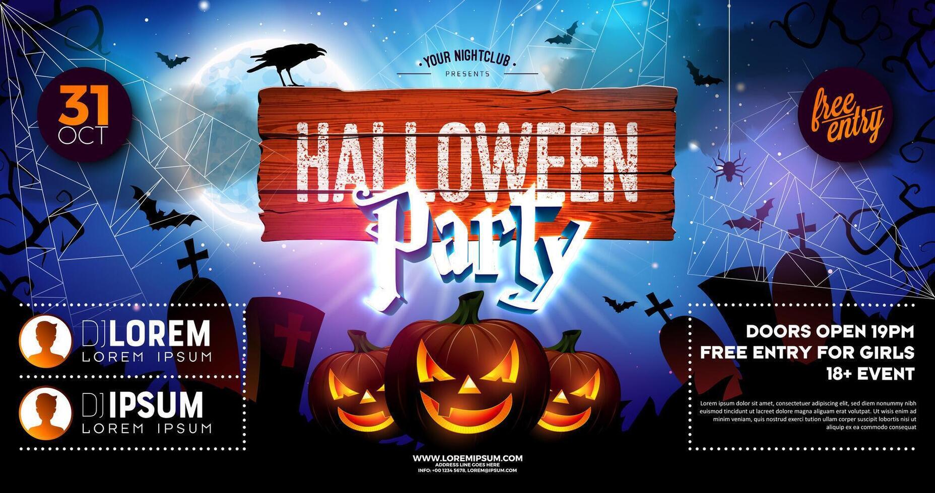 Halloween Party Banner Illustration with Scary Faced Pumpkins and Wooden Billboard on Night Blue Cemetery Background. Holiday Design Template with Flying Bats and Typography Lettering for Flyer vector