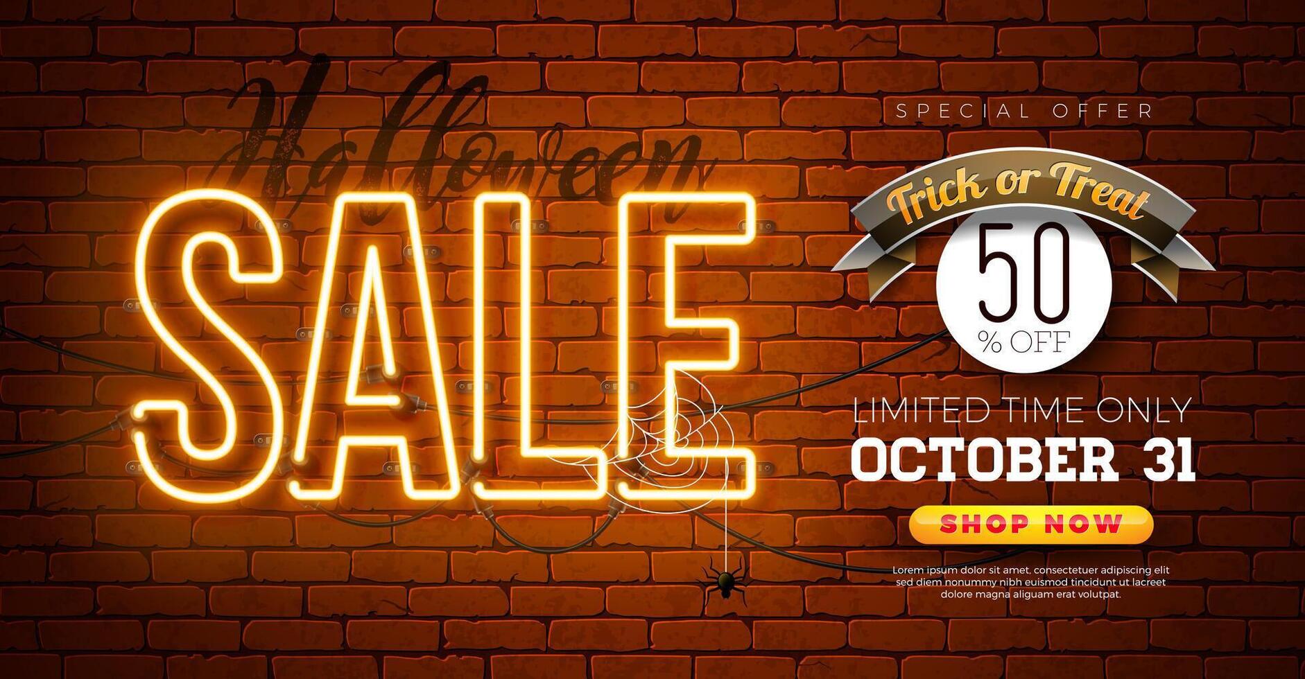 Halloween Sale Banner Illustration with Glowing Neon Light Lettering on Vintage Brick Wall Background. Holiday Design Template with Typography Lettering for Offer, Coupon, Celebration Flyer vector