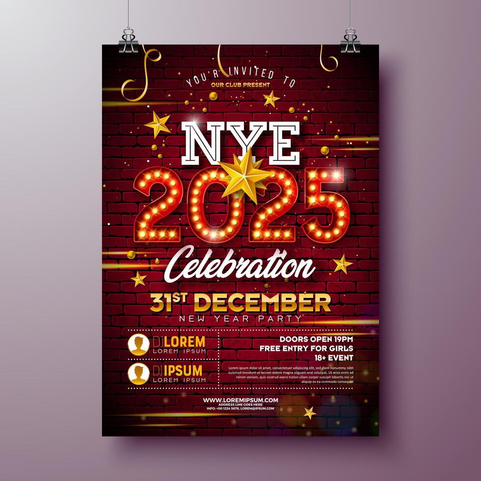 Happy New Year 2025 Party Celebration Poster Template Illustration with Glowing Light Bulb Billboard Number on Brick Wall Background. New Year Eve Holiday Design. Premium Invitation Flyer or vector