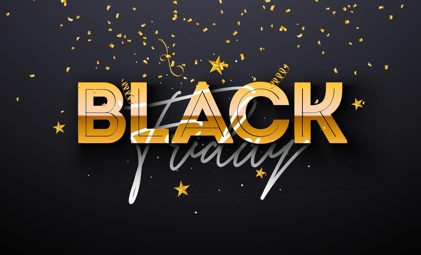 Black Friday Sale Illustration with Gold 3d Lettering and Falling Confetti on Dark Background. New Year and Christmas Design Template for Greeting Card, Flyer, Banner, Celebration Poster or vector