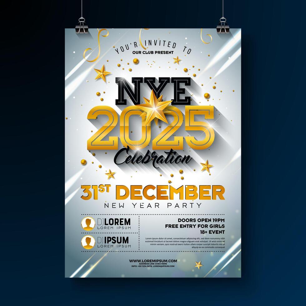 Happy New Year 2025 Party Celebration Poster Template Illustration with Golden Typography Lettering on White Background. New Year Eve Holiday Design. Premium Invitation Flyer or Promo Banner. vector