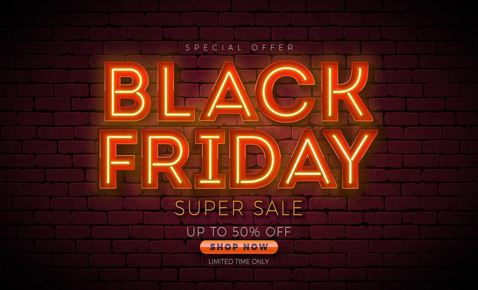 Black Friday Sale Illustration with Glowing Neon Light Lettering on Dark Brick Wall Background. New Year and Christmas Design Template for Greeting Card, Flyer, Banner, Celebration Poster or vector