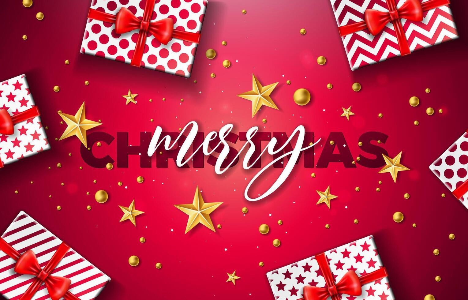 Merry Christmas and Happy New Year Illustration with Gift Box, Gold Glass Ball, Star and Typography Elements on Red Background. Holiday Design for Flyer, Greeting Card, Banner, Celebration vector