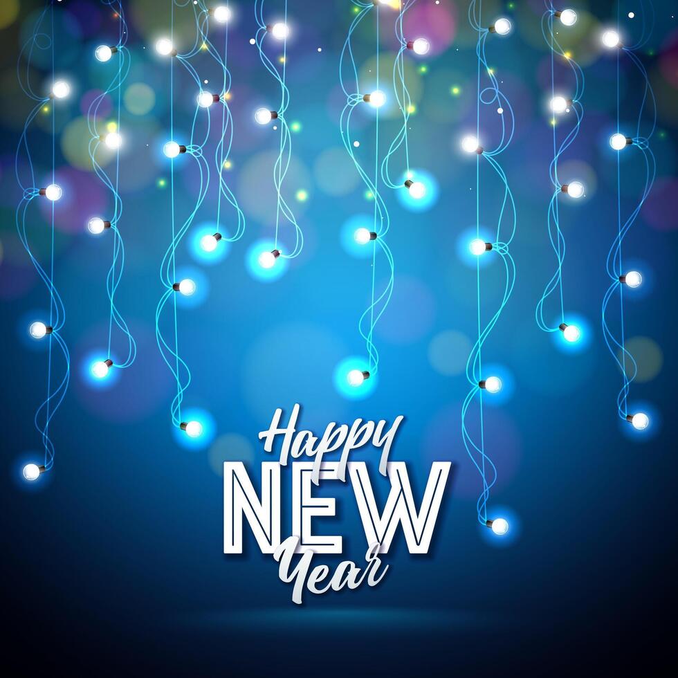 2025 Happy New Year Illustration with Typography Lettering and Glowing Christmas Light Garland on Blue Background. Holiday Design with Falling Serpentine for Flyer, Banner, Greeting Card, Celebration vector