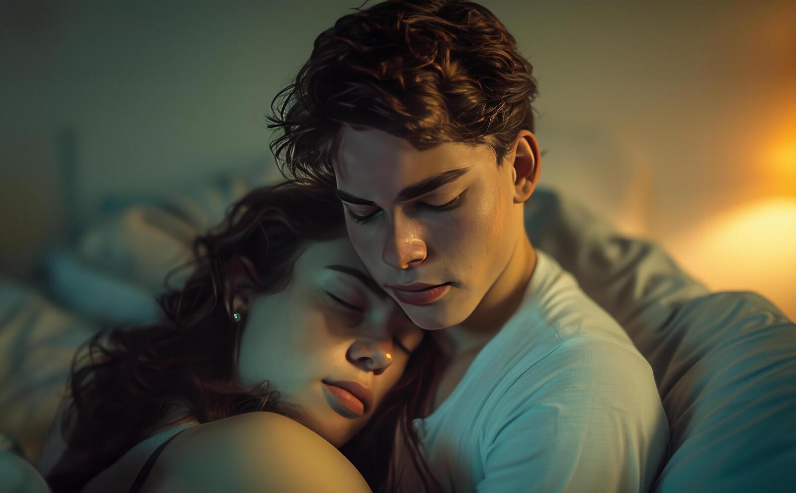 A man and a woman are cuddling in bed photo