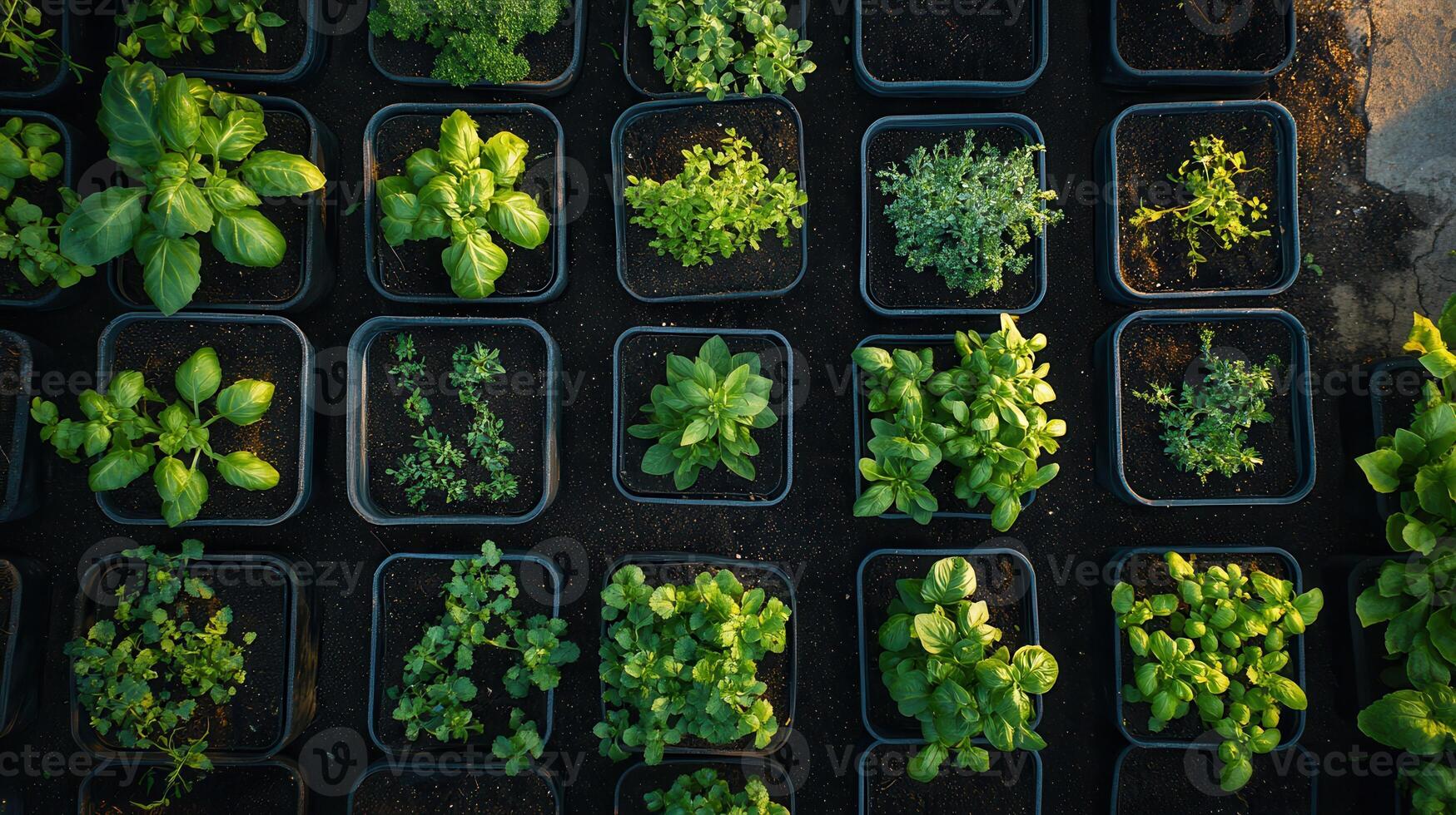 An aerial view of a small urban herb garden, with various greens such as basil, rosemary, and chives growing in containers and raised beds photo