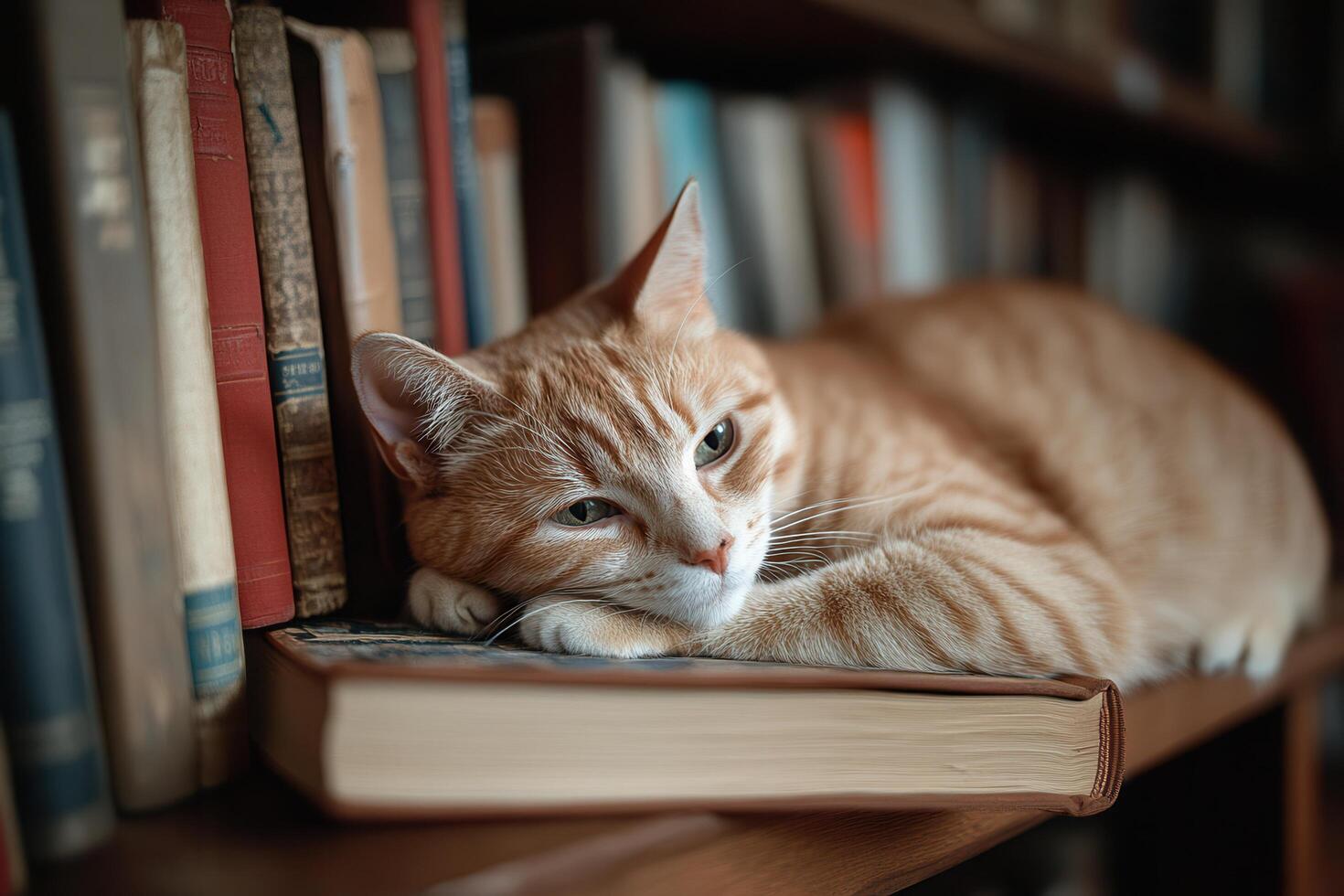 A cat is laying on top of a book on a shelf photo