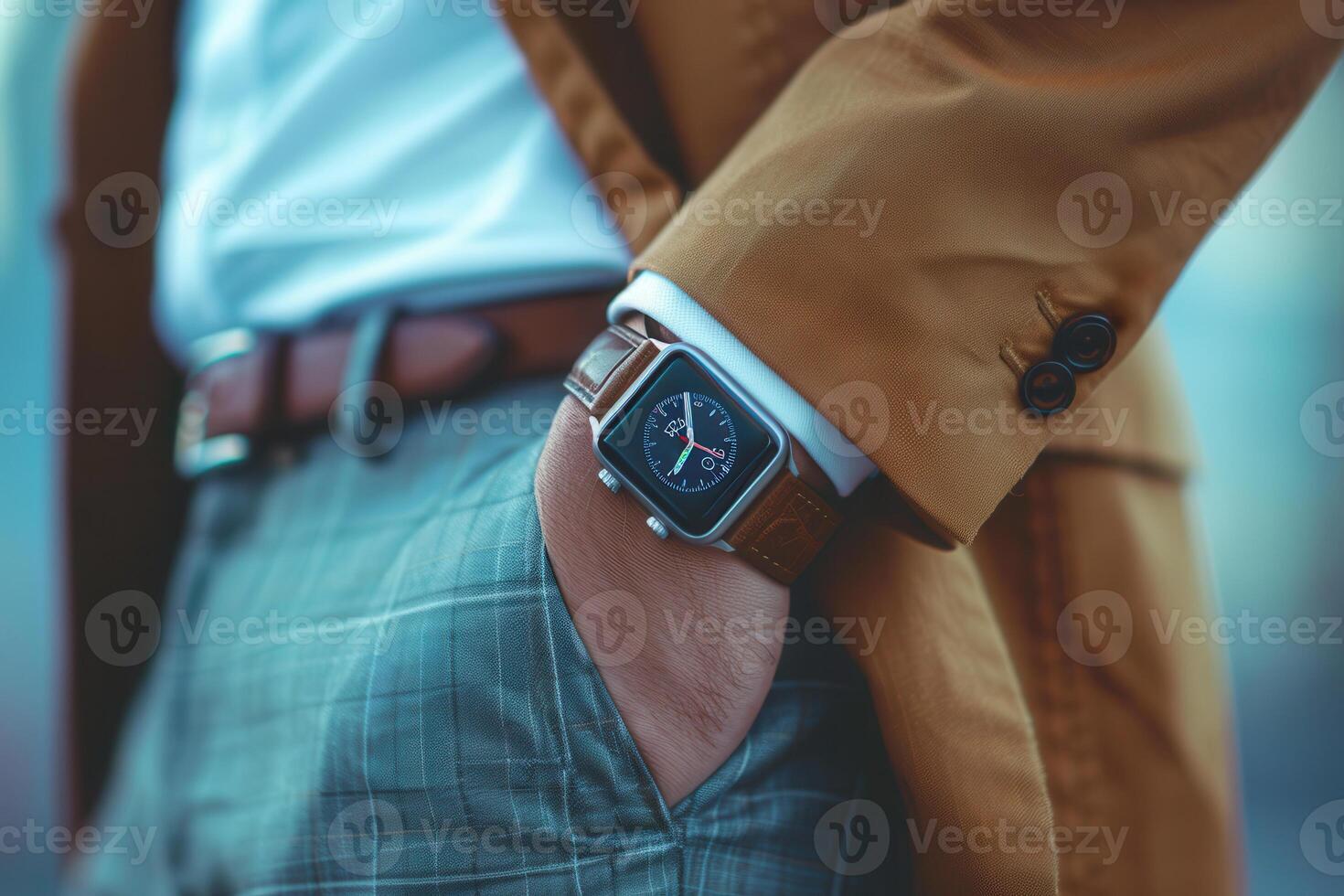 A man wearing a brown jacket and a white shirt is wearing a watch photo