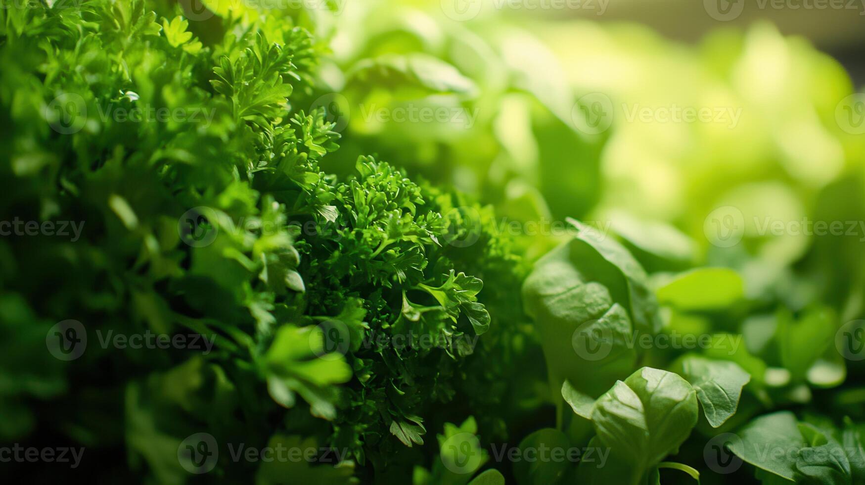 Fresh, vibrant green herbs such as parsley, cilantro and basil are skimmed from top to bottom photo