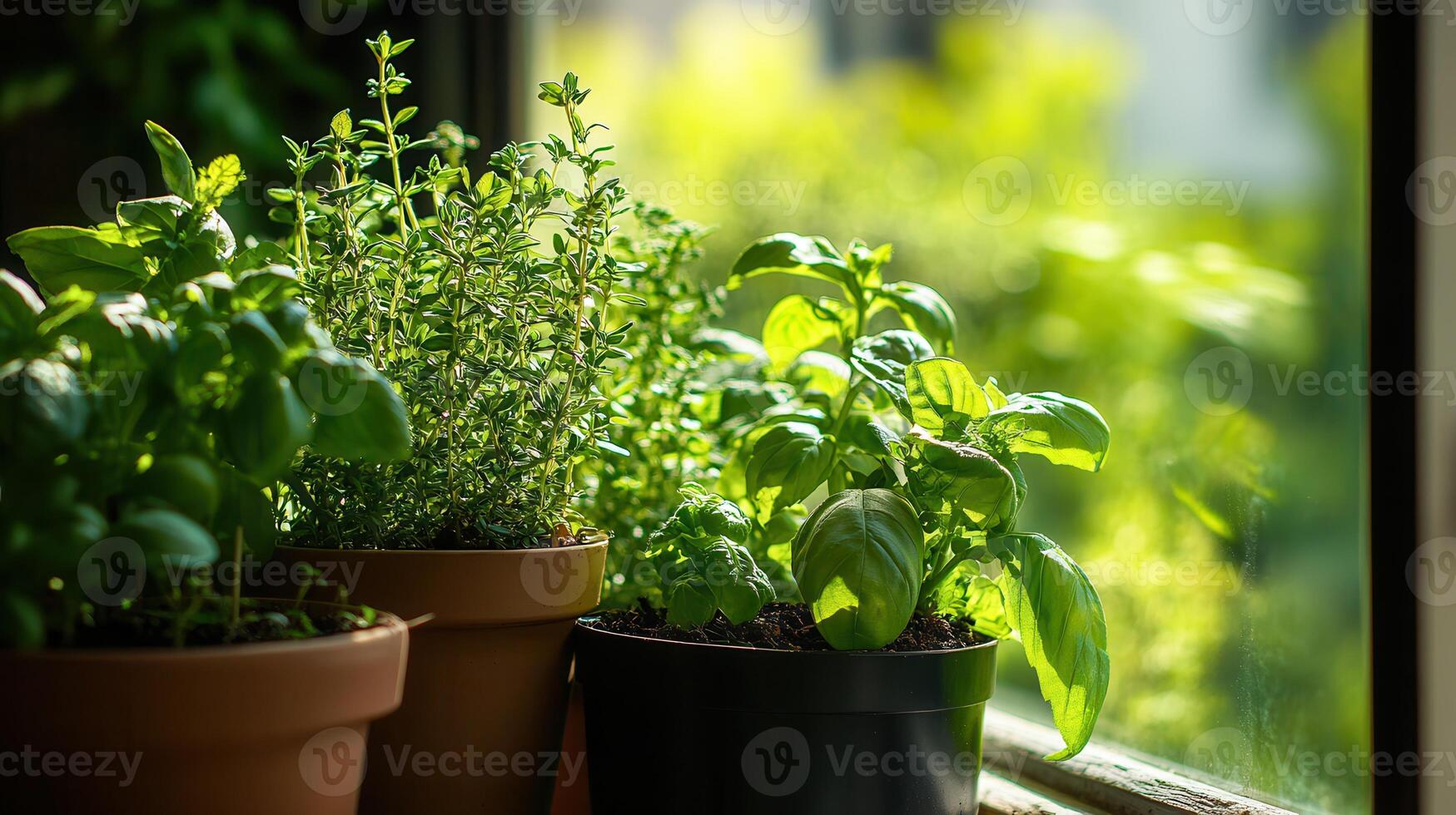 Three types of herbs in pots lime, basil, thyme and mint on the windowsill. Soft natural light penetrates through the window, creating a serene and fresh atmosphere photo