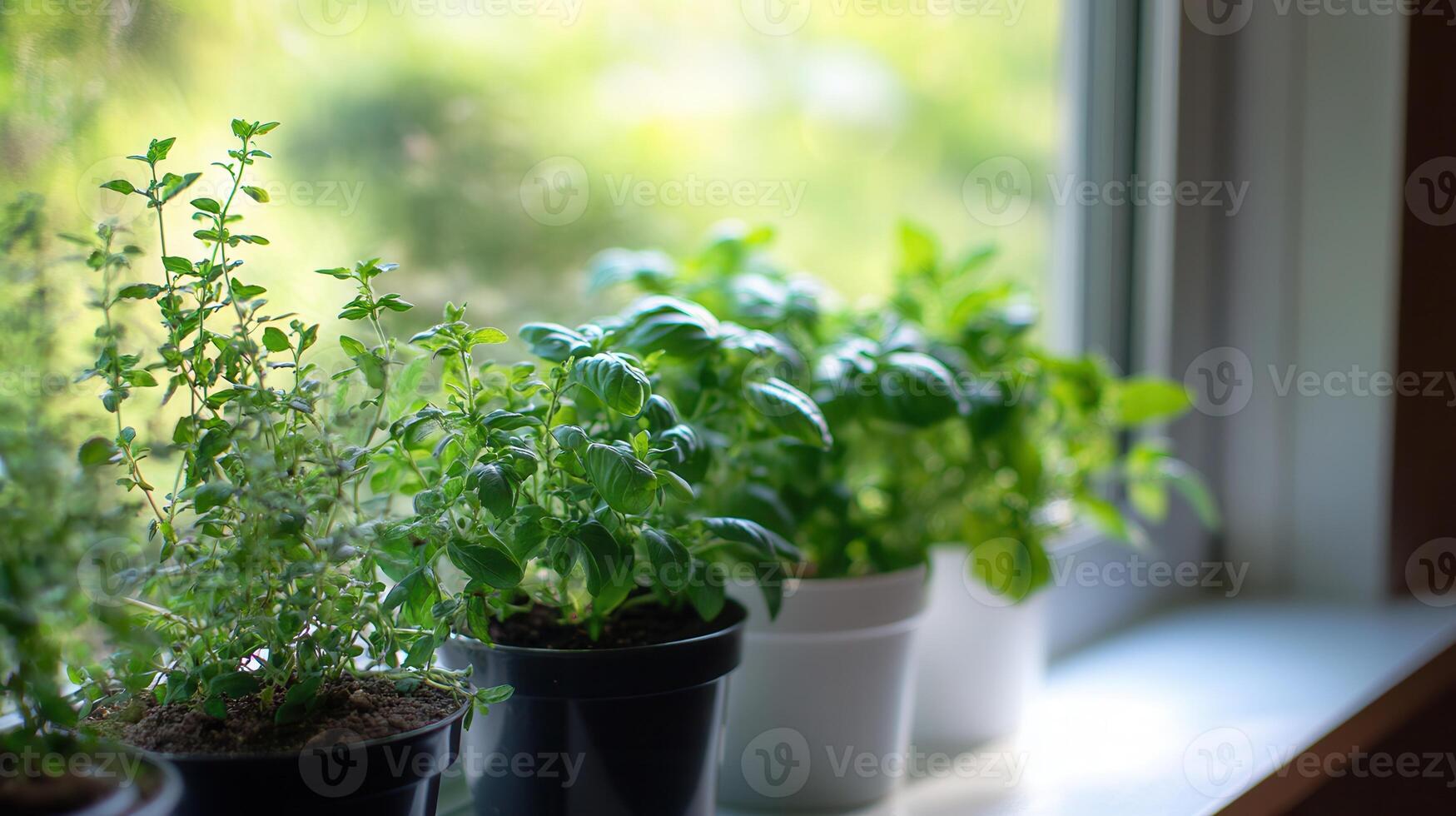 A full basket of dill, coriander and parsley greens on a brown background photo
