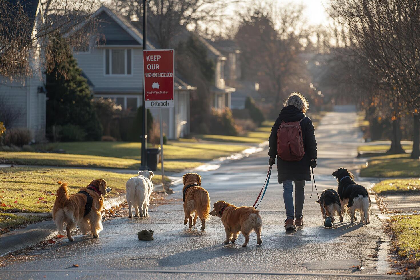 A woman is walking her dogs down a sidewalk photo