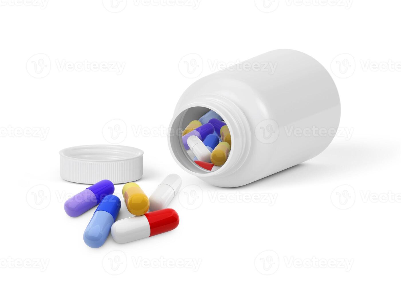 White mockup jar with spilled pills on white isolated background. Concept of pharmacy, health care, medicine, vitamins and dietary supplements photo