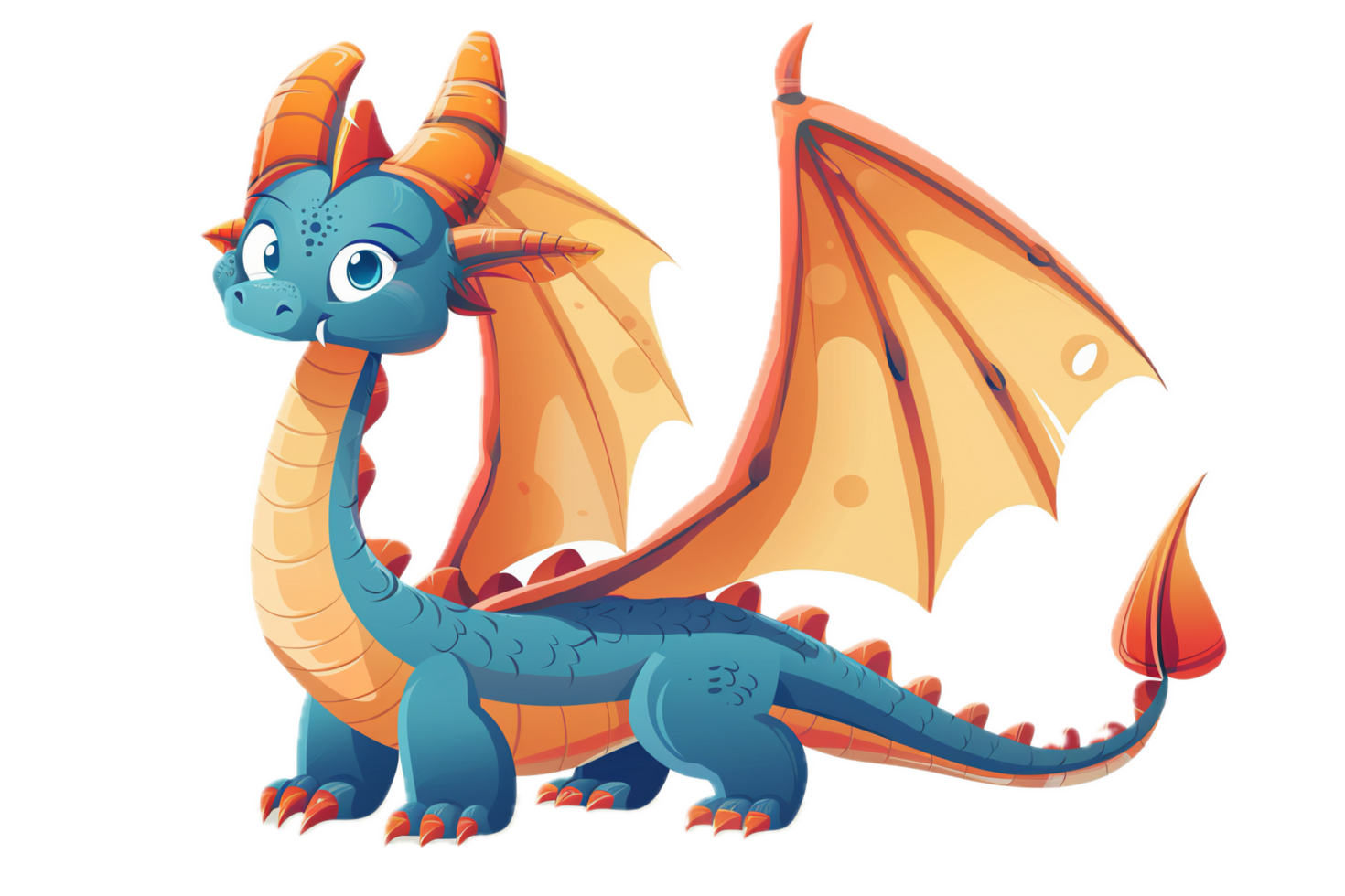 Cute cartoon dragon with orange wings illustration. png