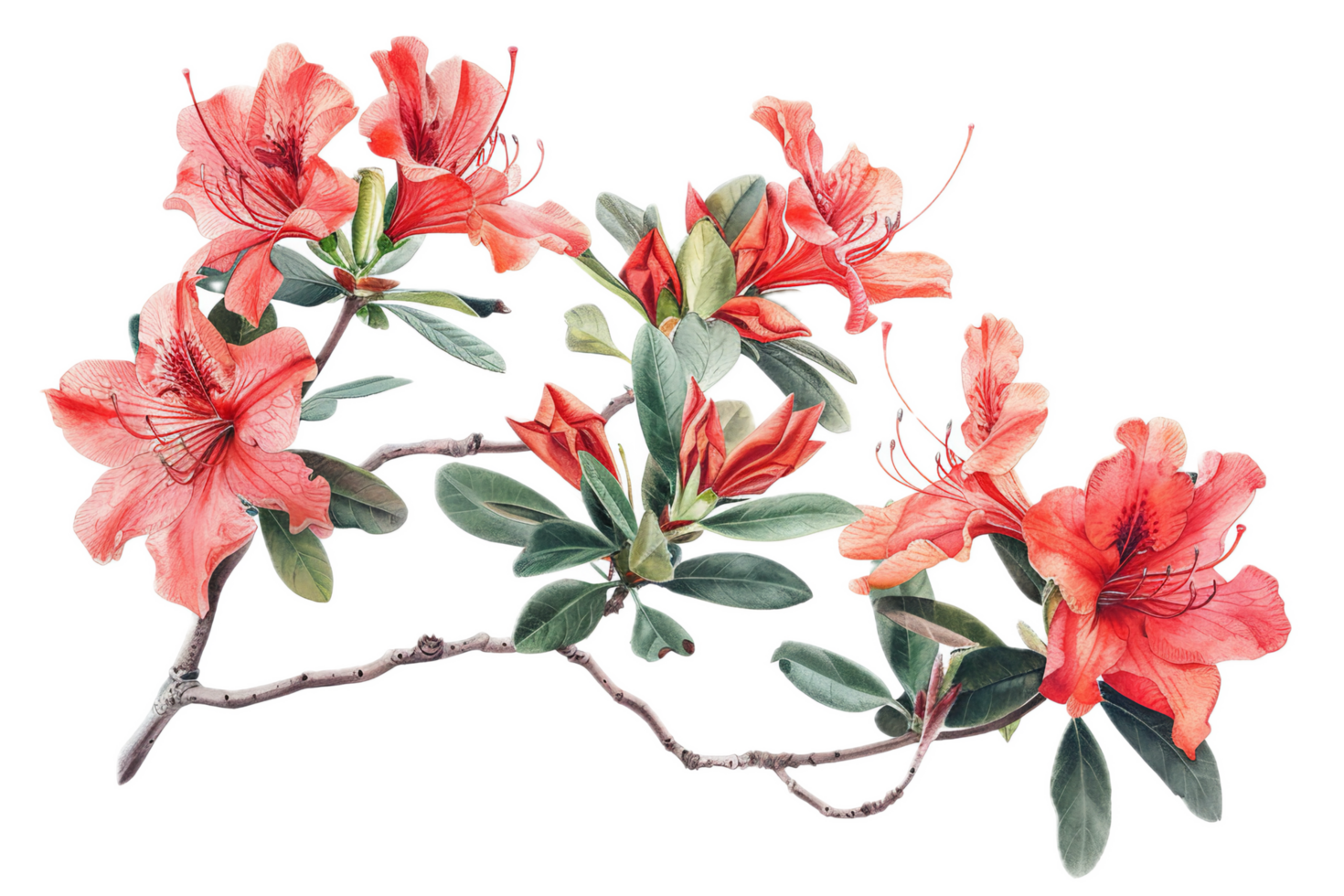 Botanical illustration of red azalea flowers and green leaves. png
