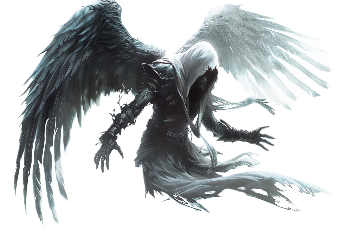 Winged hooded figure in ethereal dark design. png