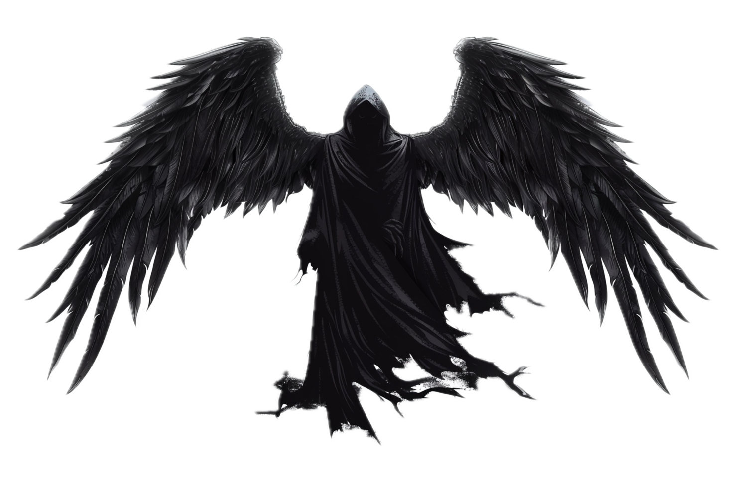 Mysterious hooded angelic figure with wings. png
