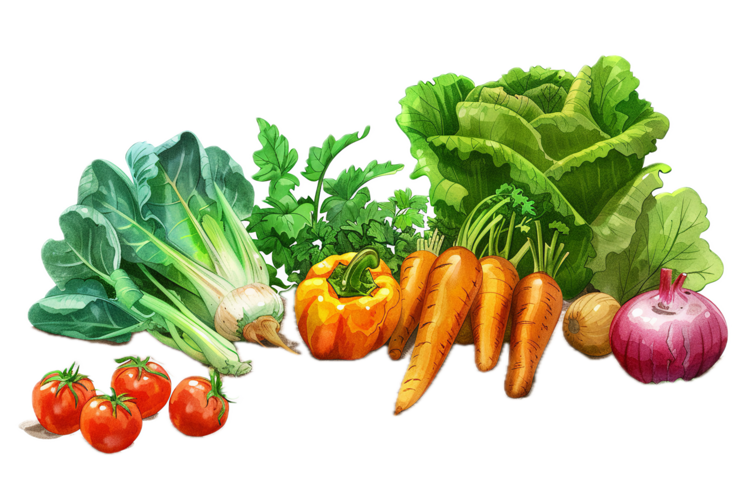 Lush mix of greens, tomatoes, and root vegetables. png