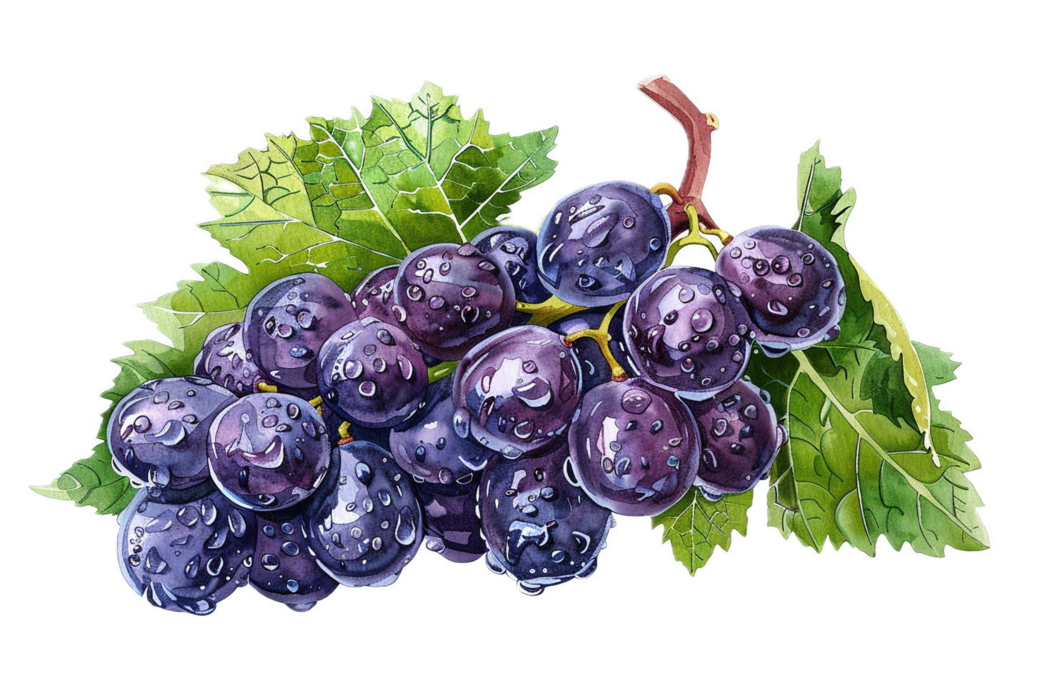 Water-Drenched Grapes with Green Leaves. png
