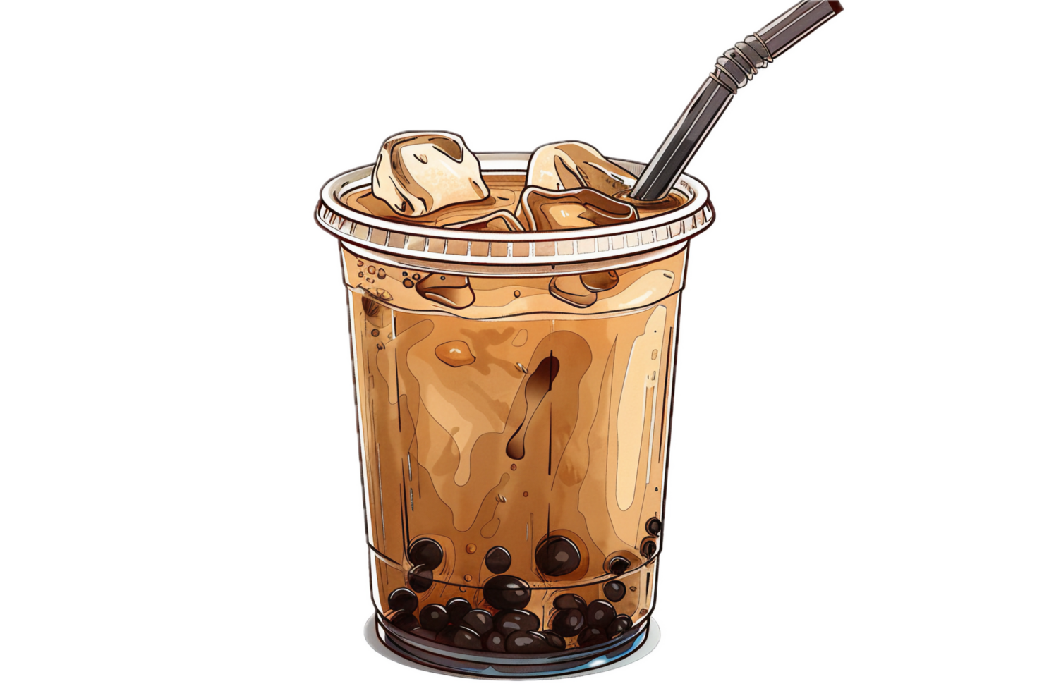 Bubble milk tea drink with ice cubes. png