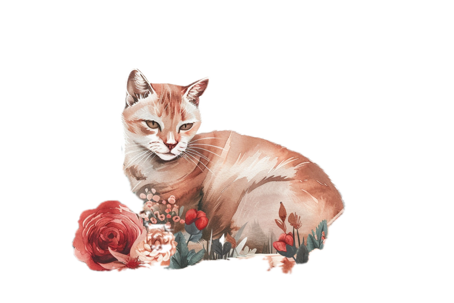 Cat surrounded by watercolor flowers. png