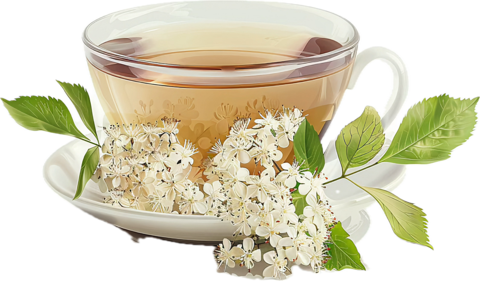 Cup of Floral Herbal Tea with Green Leaves. png