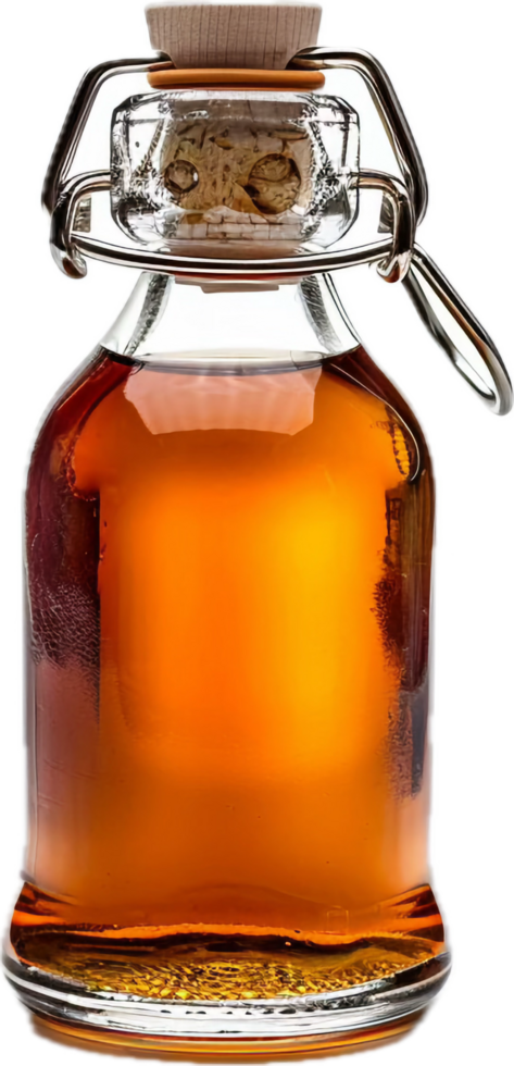 Glass bottle of amber-colored syrup. png