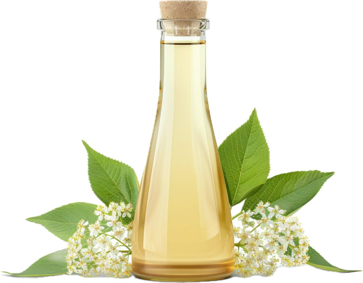 Bottle of elderflower syrup next to flowers. png