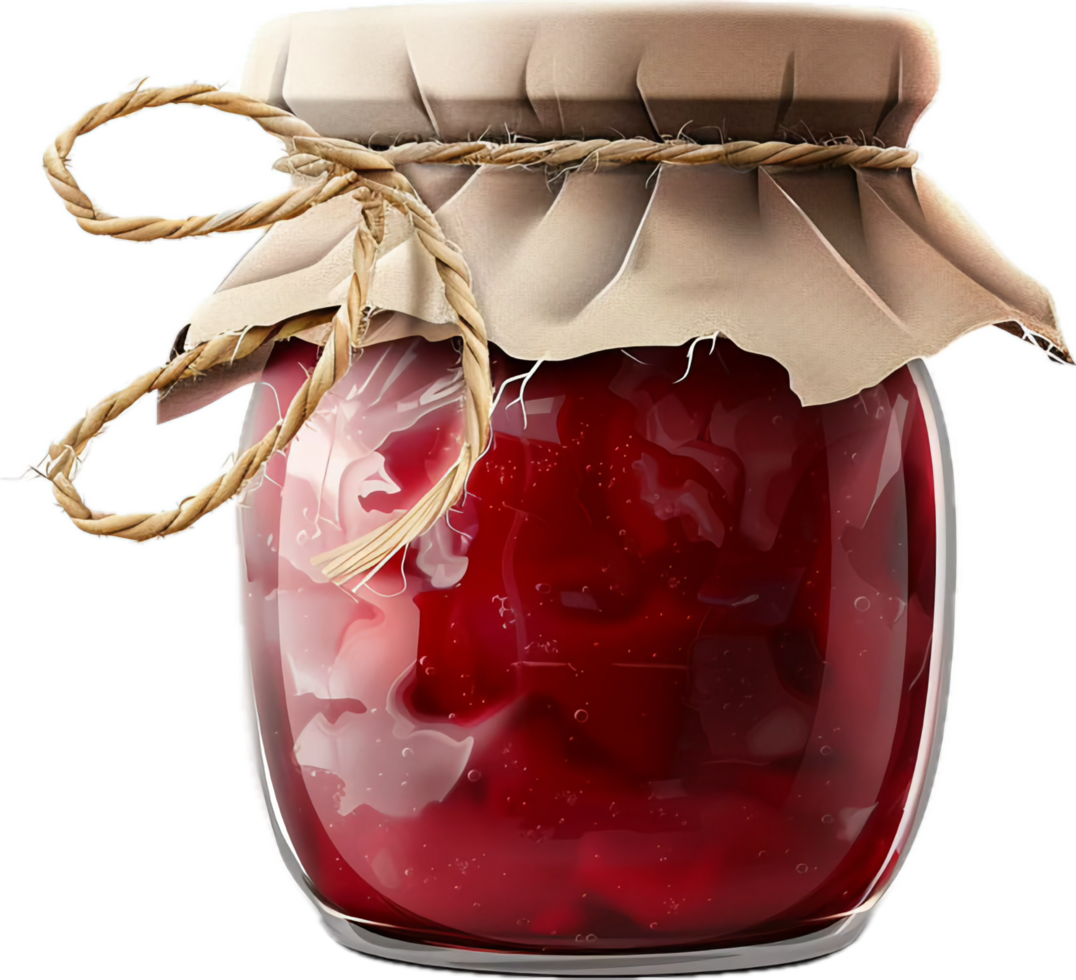 Jar of homemade strawberry jam with rustic cover. png