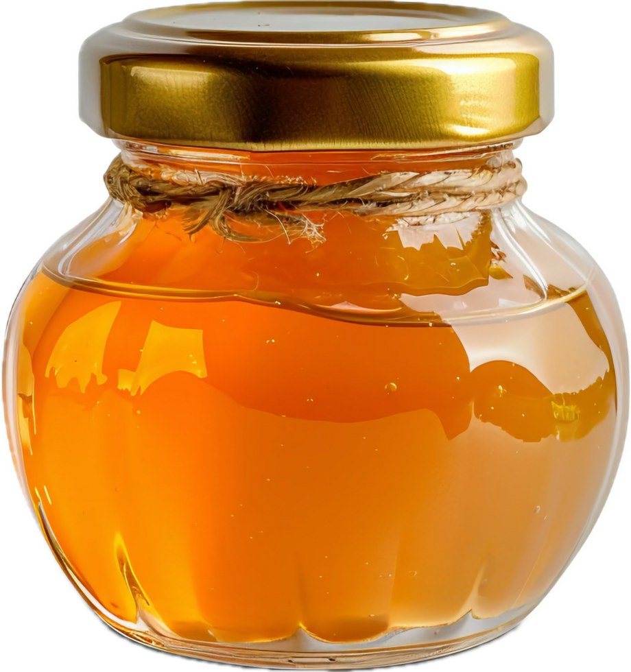 Glass jar of fresh honey with gold cap. png