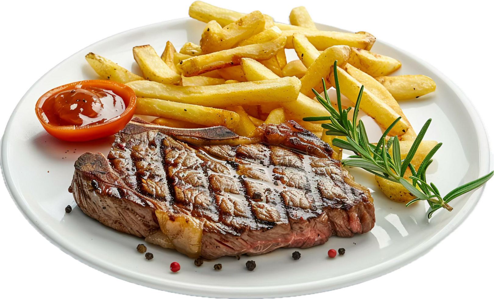 Grilled steak with fries and ketchup on plate. png