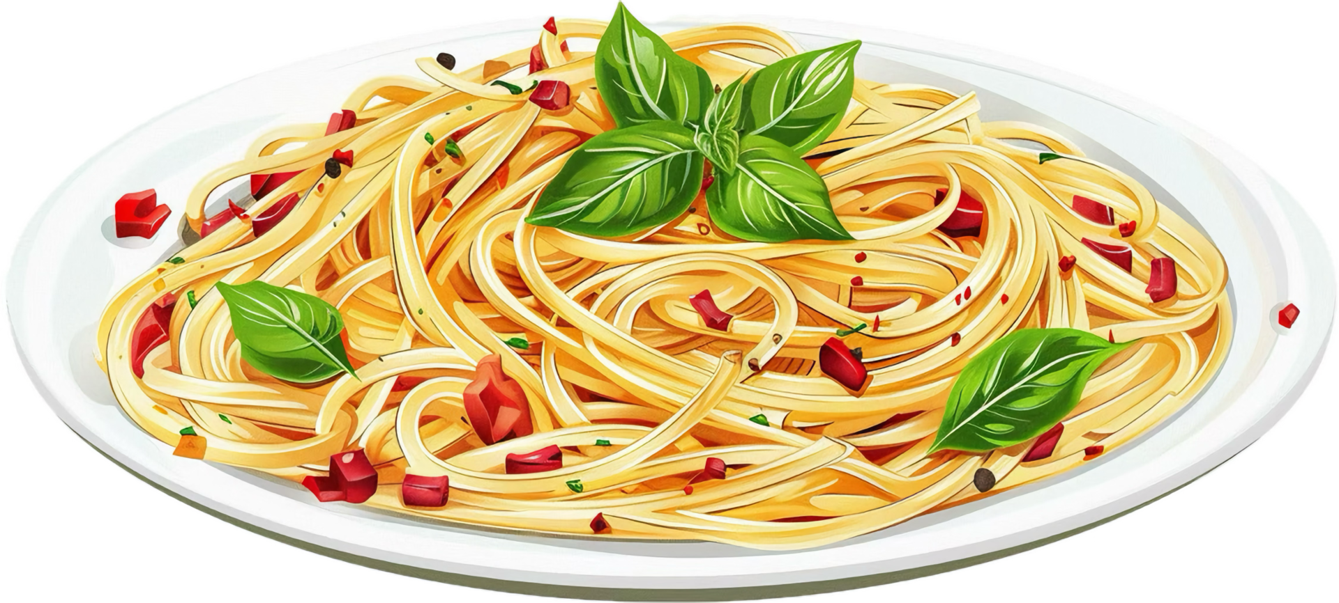 Plate of spaghetti garnished with basil and bacon. png