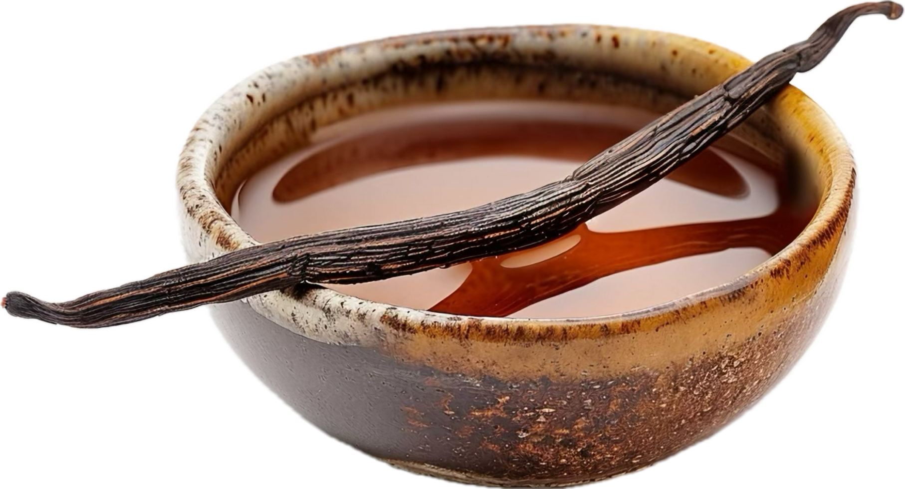 Vanilla beans resting in a bowl of extract. png