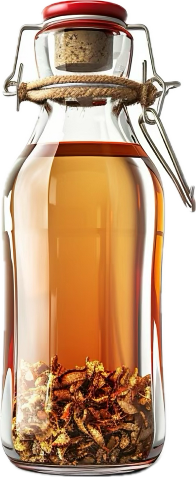 Herb-infused drink in sealed glass bottle. png