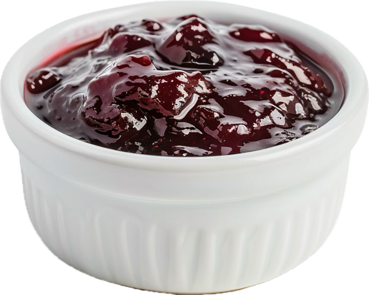 Sweet Blackberry Jam in White Dish. png