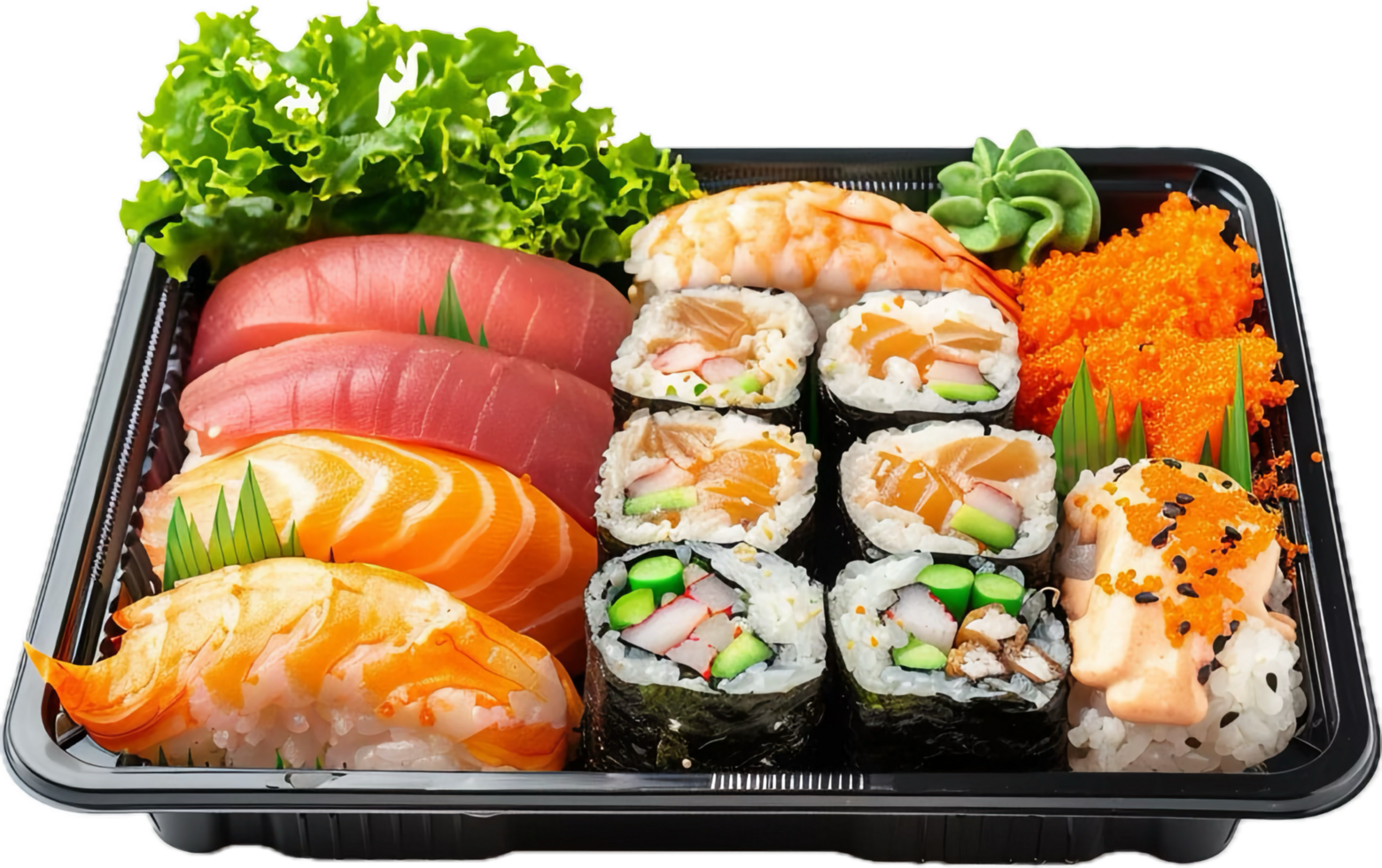 Assorted Sushi and Sashimi in Takeout Box. png