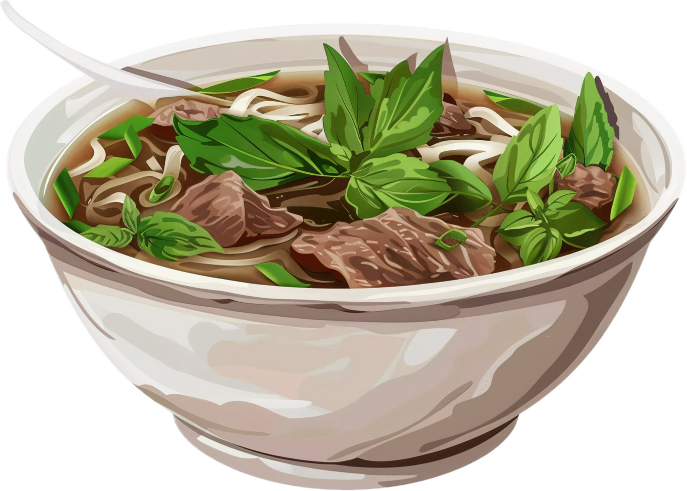 Beef pho noodle soup with fresh basil. png