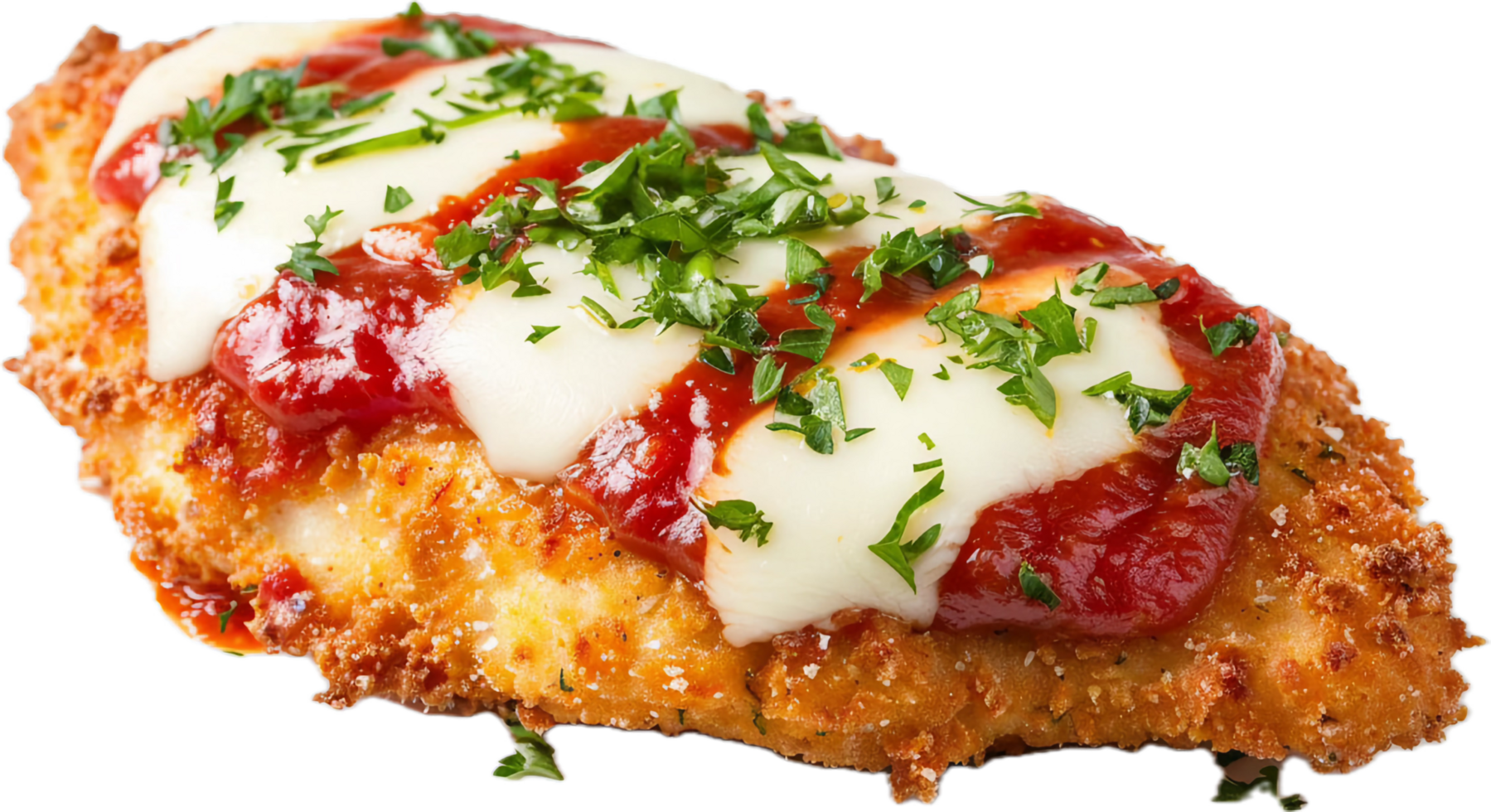 Baked chicken parmesan topped with mozzarella and parsley. png